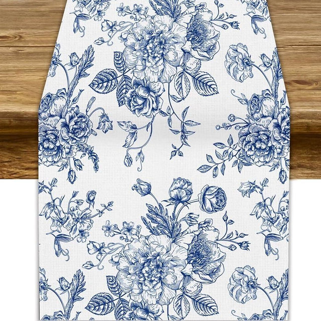 Floral Table Runner,Blue Flower Table Decoration Chinoiserie Dinner Table Decoration for Home Living Room Kitchen Dining Room Party Indoor Outdoor 13x90in