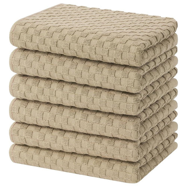 Homaxy 100% Cotton Terry Kitchen Towels(15" x 25", 6 Pack), Soft and Super Absorbent Dish Towels, 380 GSM Reusable Tea Towel with Hanging Loop, Pineapple Grid Designed, Tan