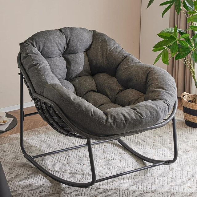YDcosyfy Papasan Rocking Chair with Padded Cushion, Indoor Outdoor Comfy Patio Chair with Upgraded Steel Frame Oversized Wicker Lounge Chair for Front Porch, Garden, Bedroom, Living Room