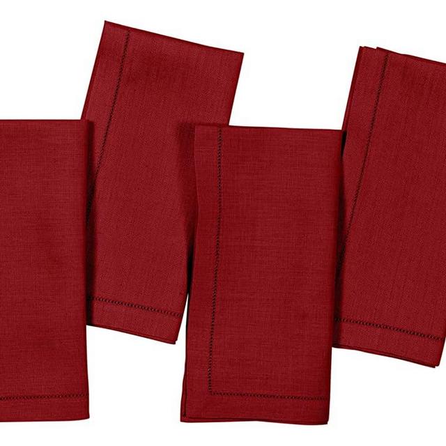 D'Moksha Homes Cloth Napkins, 20 x 20 Inch Set of 4 Red Garnet, 100% Pure Linen Napkins, Hemstitched Dinner Napkins Cloth Washable, Christmas Cloth Napkins for Fall Halloween Thanksgiving