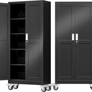 71" Metal Garage Storage Cabinet with Wheels and Locking Doors and Tall Rolling Steel Tool Cabinet with 4 Adjustable Shelves for Garage,Home,Office,Shop (Black, 71''H x 30''W x15''D)