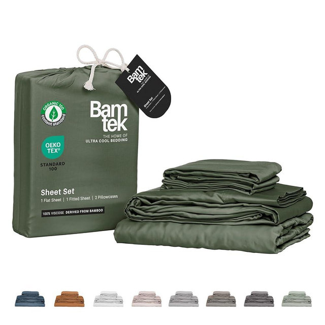 Bamtek 100% Viscose from Bamboo Sheets Queen Size, Super Soft Bedding Set, 4PC Cooling Sheets for Hot Sleepers, Vegan Silk Moisture Wicking, Organically Grown Bedsheet, Moss (60x80x18 Inch)