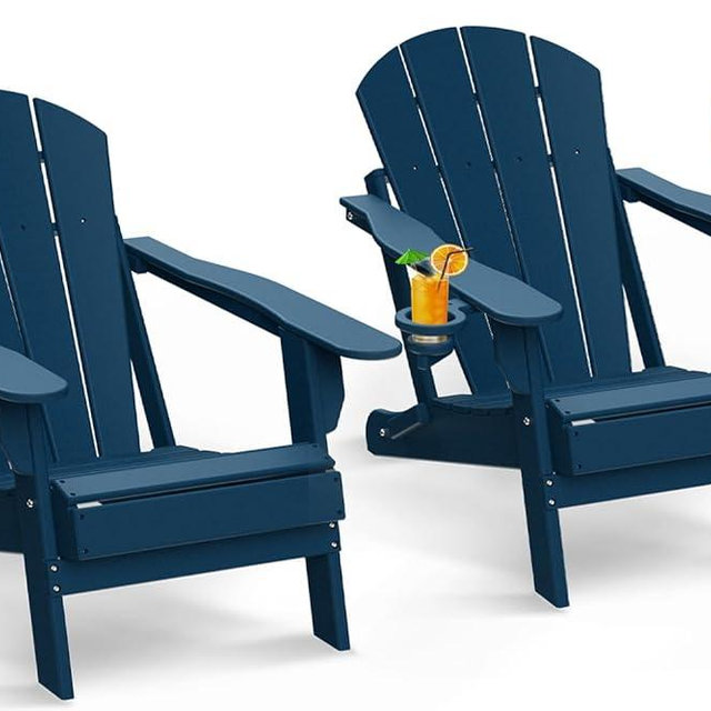 GREENVINES Folding-Adirondack-Chairs-Set-of-2 | HDPE Plastic | Fire Pit Chair | All Weather | Cup Holder | Blue | for Deck Backyard Patio Outdoor Garden