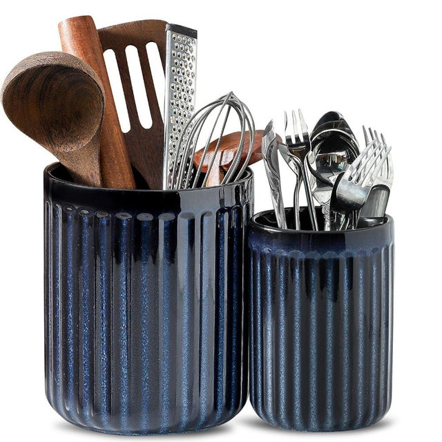 Hasense Cooking Utensil Holder, 7.3" + 5.7" - Large Utensil Crock for Farmhouse Kitchen Decor, Spatula Storage Organizer, Set of 2, Navy Blue