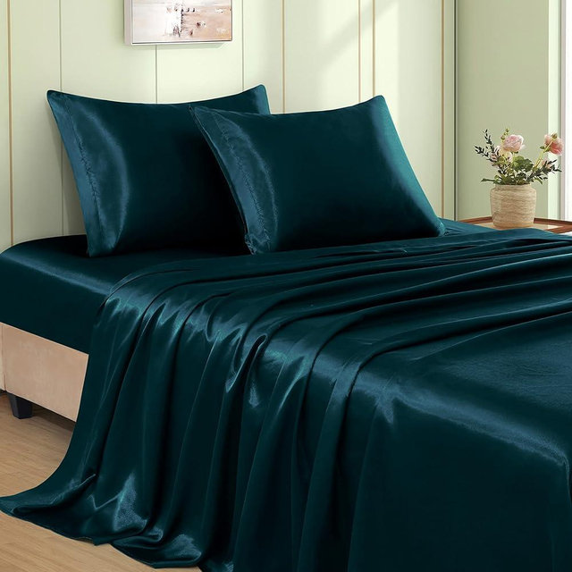 VACVELT 4pcs Dark Teal Satin Sheets Queen Size Bed Set, 15 Inch Deep Pocket Silky Satin Sheet Set, Soft Satin Bedding Set Cooling & Luxury Bed Sheets, 1 Fitted Sheet + 1 Flat Sheet + 2 Pillowcases
