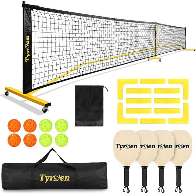 TYRSEN Pickleball Set with Net for Driveway Portable Pickleball Net on Wheels 22 FT Regulation Size Pickle Ball Net System with Carrying Bag, Weather Resistant Metal Frame