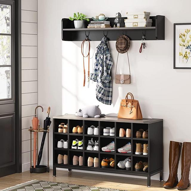 Tribesigns Coat Rack Shoe Bench Set, Hall Tree with Bench and 18 Shoe Cubbies, Shoe Rack Bench with Coat Hooks and Storage Shelf for Entryway, Bedroom, Closet (Black & Grey)