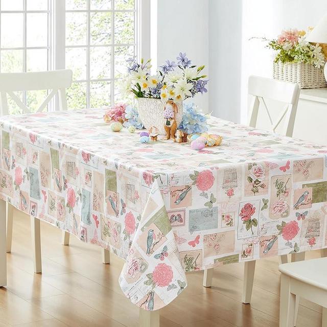 Newbridge Vinyl Rectangle Tablecloth, 60 x 84 Inch, Bella Rose and Bird Postcard Print Flannel Backed Table Cloth, Vintage Pink Floral