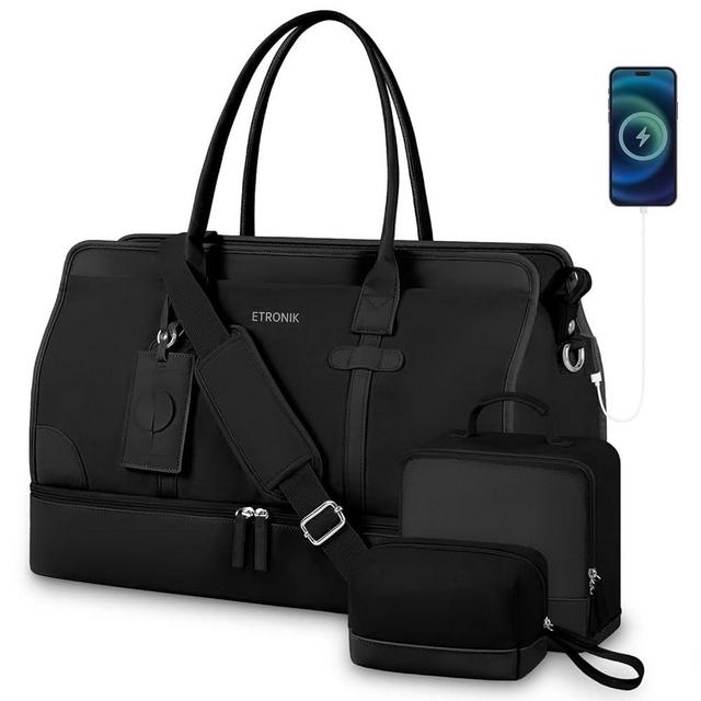 ETRONIK Weekender Bag for Women, Large Canvas Travel Bag with Bottom Shoe Compartment & Wet Pocket, Overnight Bag Sports Gym Duffel Bag with Toiletry Bag for Women & Men 4 Pcs Set, Black