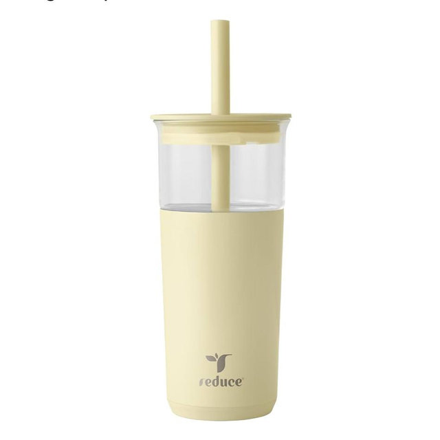 REDUCE Aspen 20 oz Vacuum Insulated Glass Tumbler with Lid & Extra Wide Straw - Keeps Drinks Cold for 12 Hrs - Ideal for Iced Coffee, Smoothies & Boba - Dishwasher Safe, Soft Base - French Vanilla