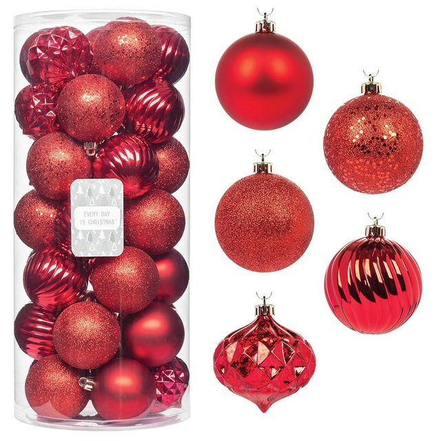 Every Day is Christmas Ornaments, Shatterproof Christmas Tree Ornament Set, Christmas Balls Decoration 35 Count (2.75"/70mm, New Red)