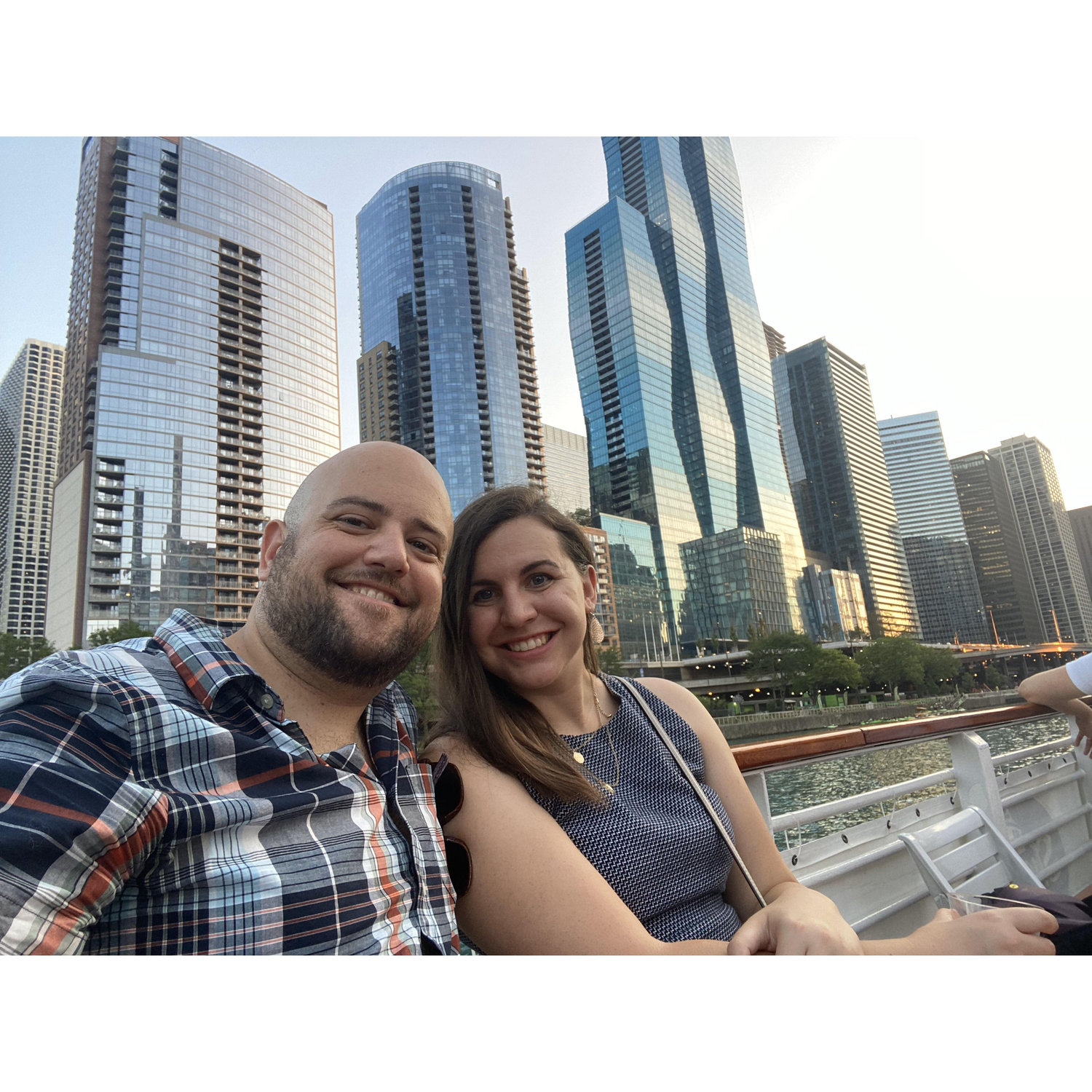 One of our first photos together! Sunset cruise on the Chicago river