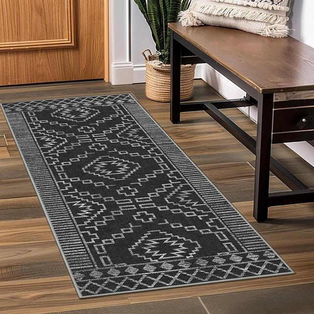 GENIMO Runner Rug 2x5 Boho Chic Machine Washable Hallway Kitchen Runners, Bohemian Moroccan Farmhouse Floor Cover, Geometric Print Thin Low Pile Carpet Mat with Non Slip Rubber Backing, Trellis Black