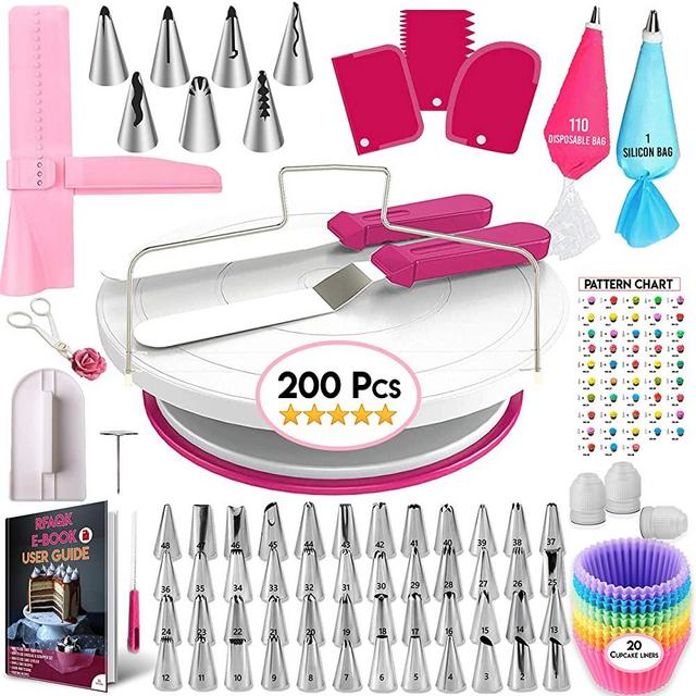 200 Pcs Cake Decorating Supplies Kit for Beginners-1 Cake Turntable Stand with Piping bags and Tips -2 Spatula-Cake Leveler & Icing Smoother-55 Piping tips & Nozzles-Baking tools -20 Cupcake liners