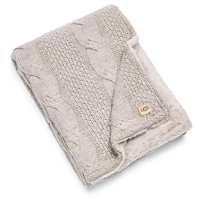 UGG Erie Blanket – Cable Knit Faux Fur Accent Throw – Fully Reversible Oversized Wrap Cozy Blanket – 50” x 70” - Oyster