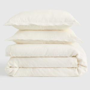 King/Cal King European Linen Double Flange Duvet Cover Set in Ivory