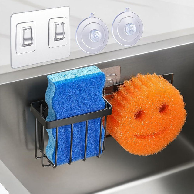 [Slim & Space-saving] Sponge Holder for Kitchen Sink, Sponge Caddy for Scrub Daddy / Scrub Mommy Smiley Face, Sink Organizer Accessories for Dish Brush, Scrubber -with 2 Suction Cups & 1 Adhesive Hook