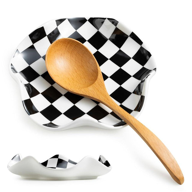 Spoon Rest for Stove Top - 5.3in Checkered Spoon Holder Utensil Rest, Ceramic Spoon Rests for Kitchen, Cooking - Black and White Kitchen Decor, Housewarming Gifts