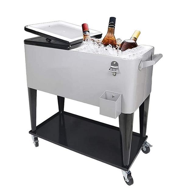 SHAREWIN 80 Qt Rolling Cooler Cart Ice Chest for Outdoor Patio Deck Party Portable Party Bar Cold Drink Beverage Cart Tub, Backyard Cooler Trolley on Wheels with Shelf, Bottle Opener Silvery
