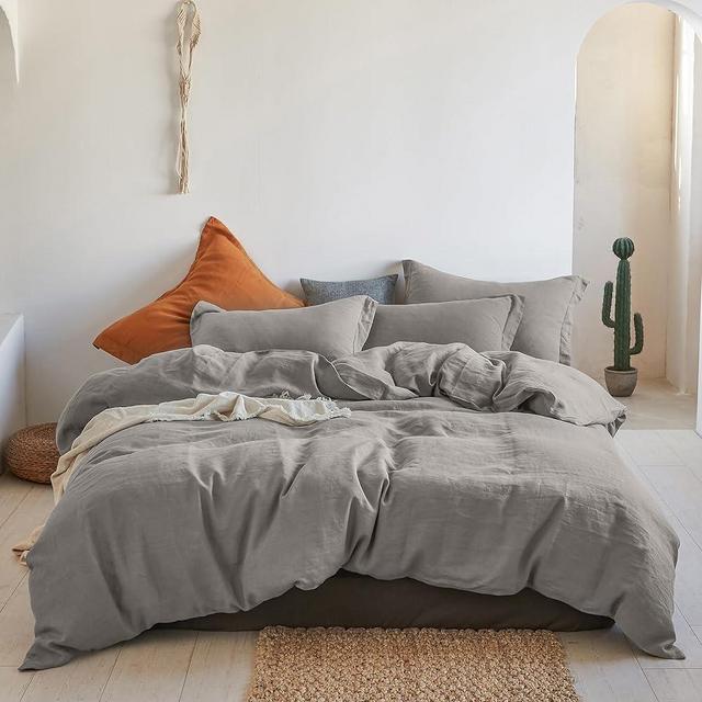Simple&Opulence 100% Linen Duvet Cover Set 3pcs Basic Style Natural French Washed Flax Solid Color Soft Breathable Farmhouse Bedding with Button Closure - Dove Grey, King