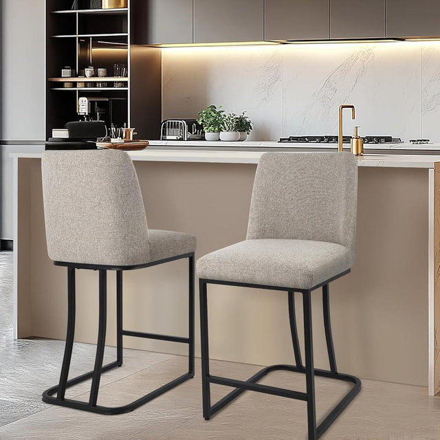 KRAMZMING Counter Height Bar Stools Set of 2, 24 Inch Seat Height Bar Chairs for Kitchen Island, Linen Fabric Upholstered Barstools with Metal Feet for Dining Room, Sand Color