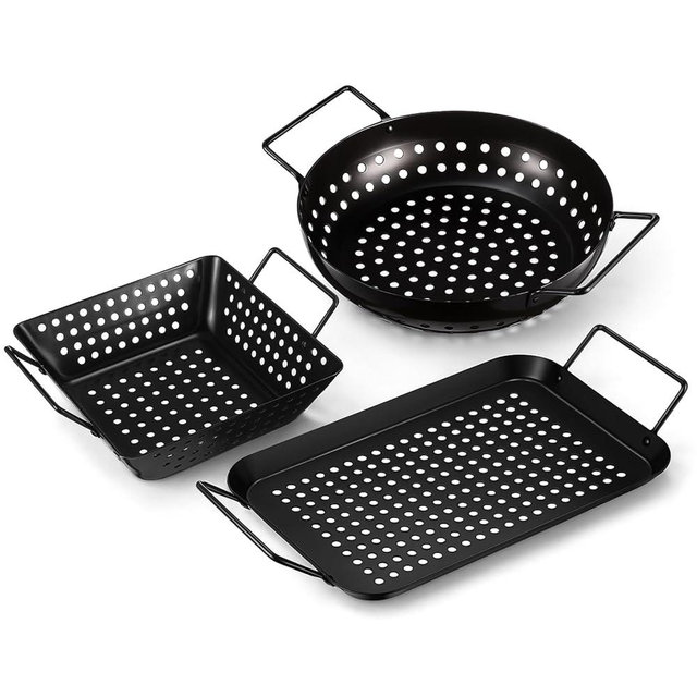 Teecyhooo 3 Pack Grill Basket Set for Outdoor Grill, Stainless Steel Vegetables Grilling Basket with Holes and Handles, Nonstick Barbecue Pan for Seafood Meat Grilling Accessories Gifts for Men