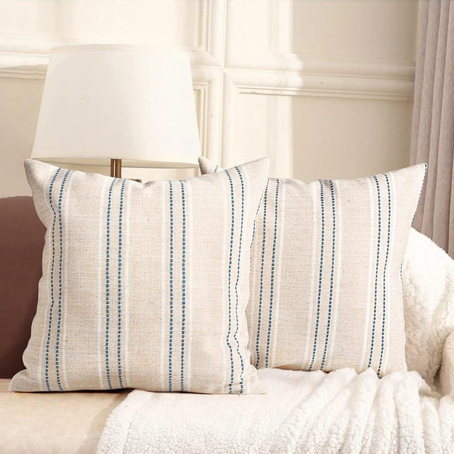 AELS 20x20 Decorative Farmhouse Linen Throw Pillow Covers, Boho Textured Pillow Case, Set of 2,Beige with White & Navy Blue Stitch Yarn Dyed Stripe Cushion Cover for Sofa Couch Living Room(Cover ONLY)