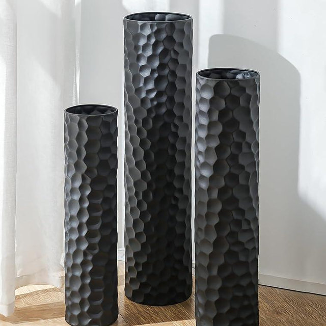 Sziqiqi Black Tall Floor Vase: 27/23/20in Large Floor Vases Standing for Living Room - Hammered Metal Floor Vases Set of 3 - Cylinder Flower Vase for Dining Bedroom Home Corner Indoor Office