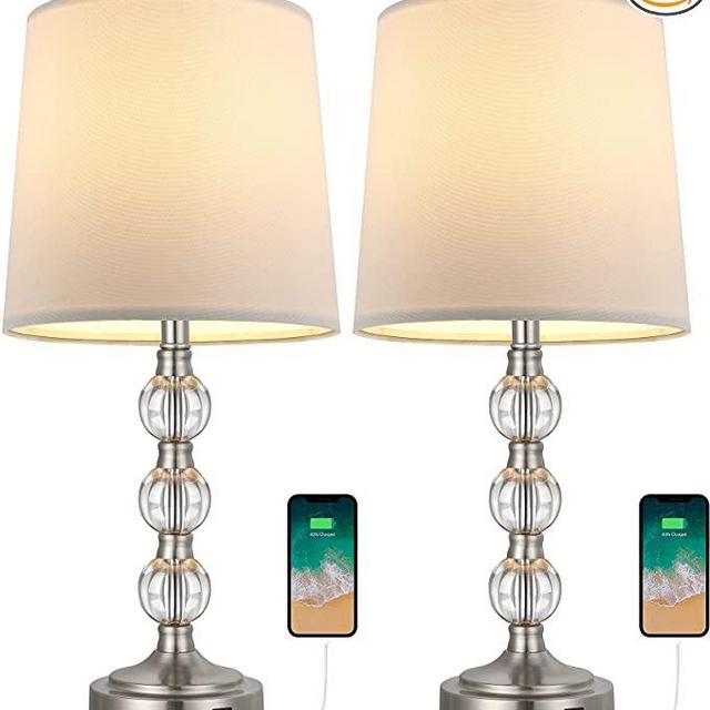 Oneach Modern USB Table Lamps Set of 2 for Living Room Bedroom Stacked Crystal Ball Table Lamp with White Drum Shade 20.5" Accent Bedside Lamps