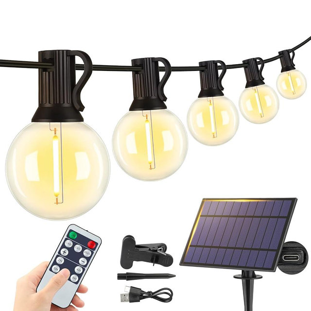 Larkvue 25FT Solar String Lights Outdoor with Remote, Waterproof Dimmable 3 Modes Patio Lights with 10+1 LED Shatterproof G40 Bulbs for Backyard-Black