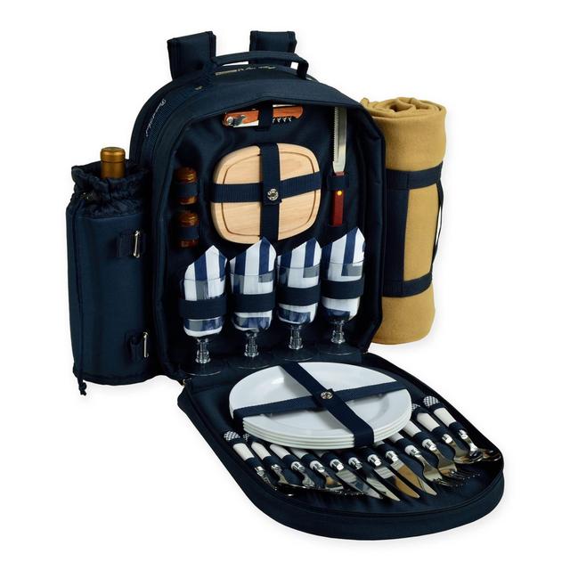 Picnic at Ascot Chevron Collection 4-Person Picnic Backpack with Blanket in Navy/White