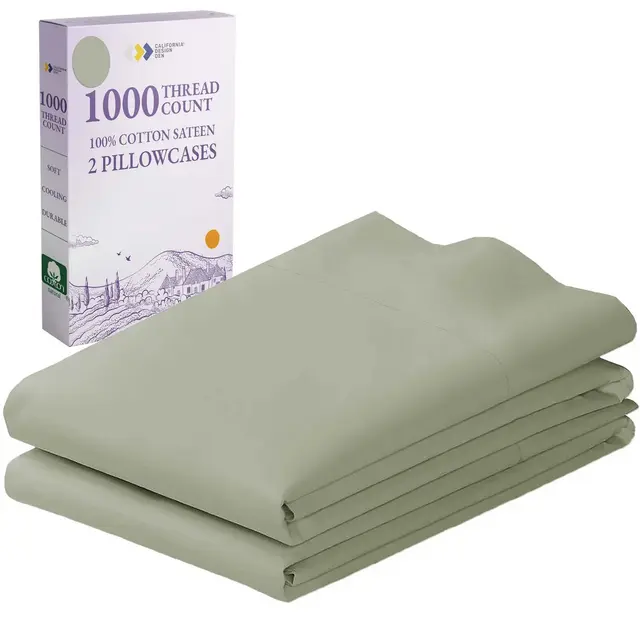 California Design Den 100% Cotton King Pillow Cases Set of 2 - Luxury 1000 Thread Count Sateen - Soft Pillow Cases - Sage Green