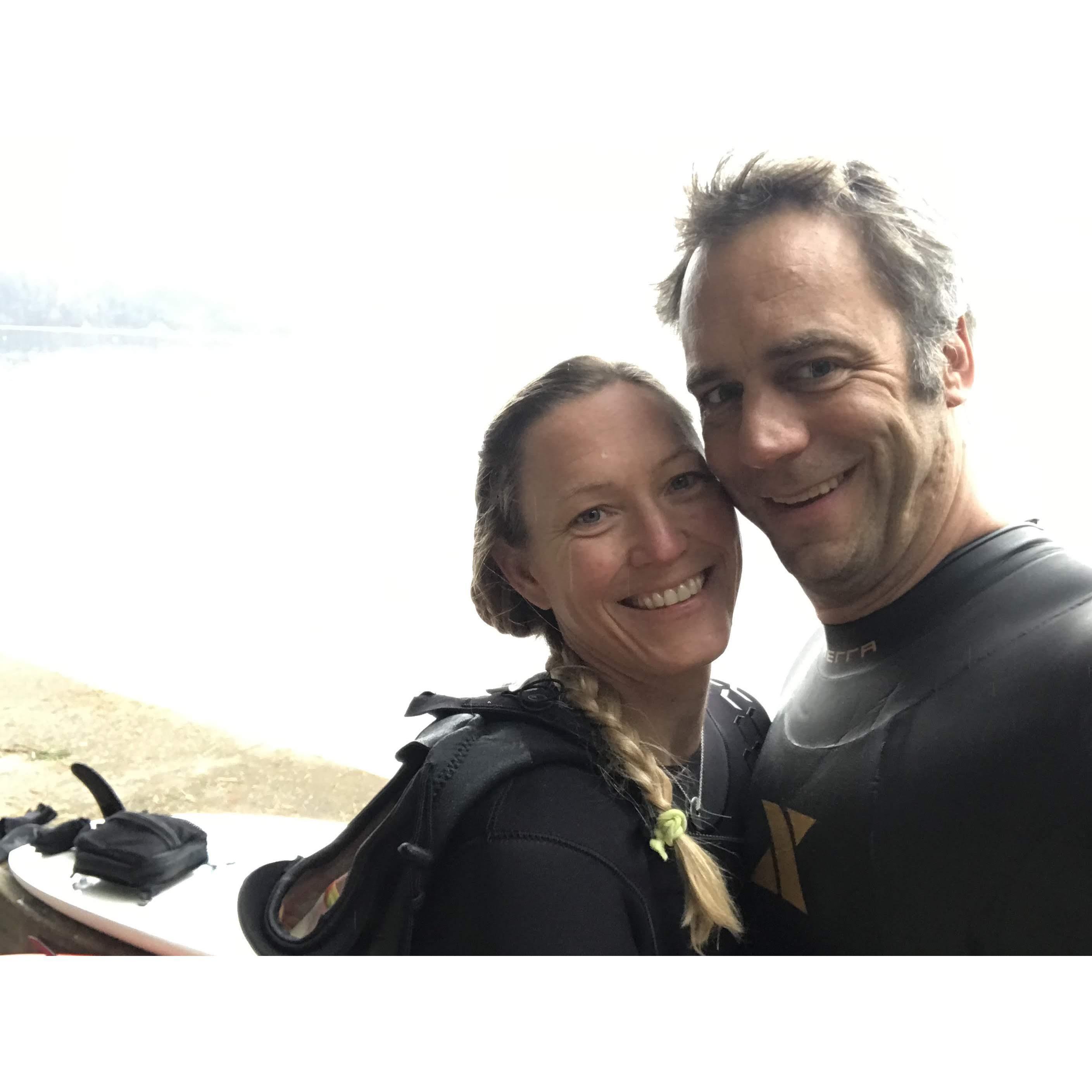 Just after Neil proposed, on a paddleboard adventure in the Chuckanut Bay