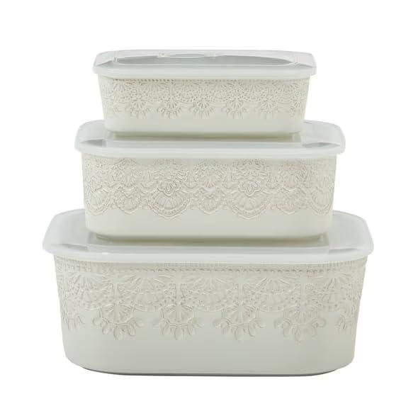 6-Piece Vintage Lace Ceramic Casserole Bakeware Set - Rectangular Nesting Baking Dishes with Airtight Lids, Oven & Microwave Safe Stoneware