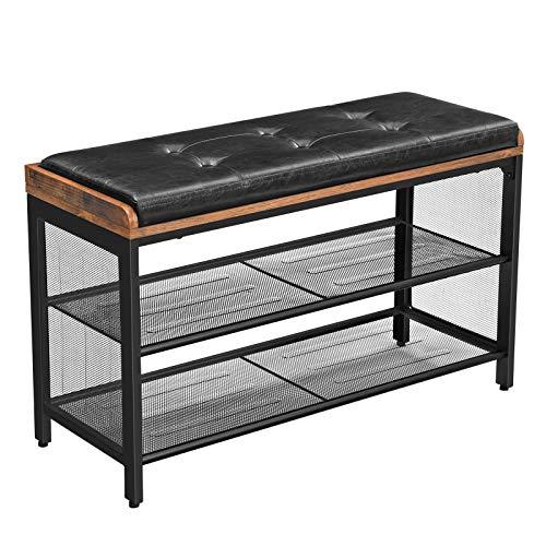 VASAGLE COPADION Shoe Bench, Padded Storage Bench with Mesh Shelf, Shoe Rack, Metal Frame, Easy Assembly, Space Saving, Industrial, Black Imitation Leather, Hallway ULBS75X