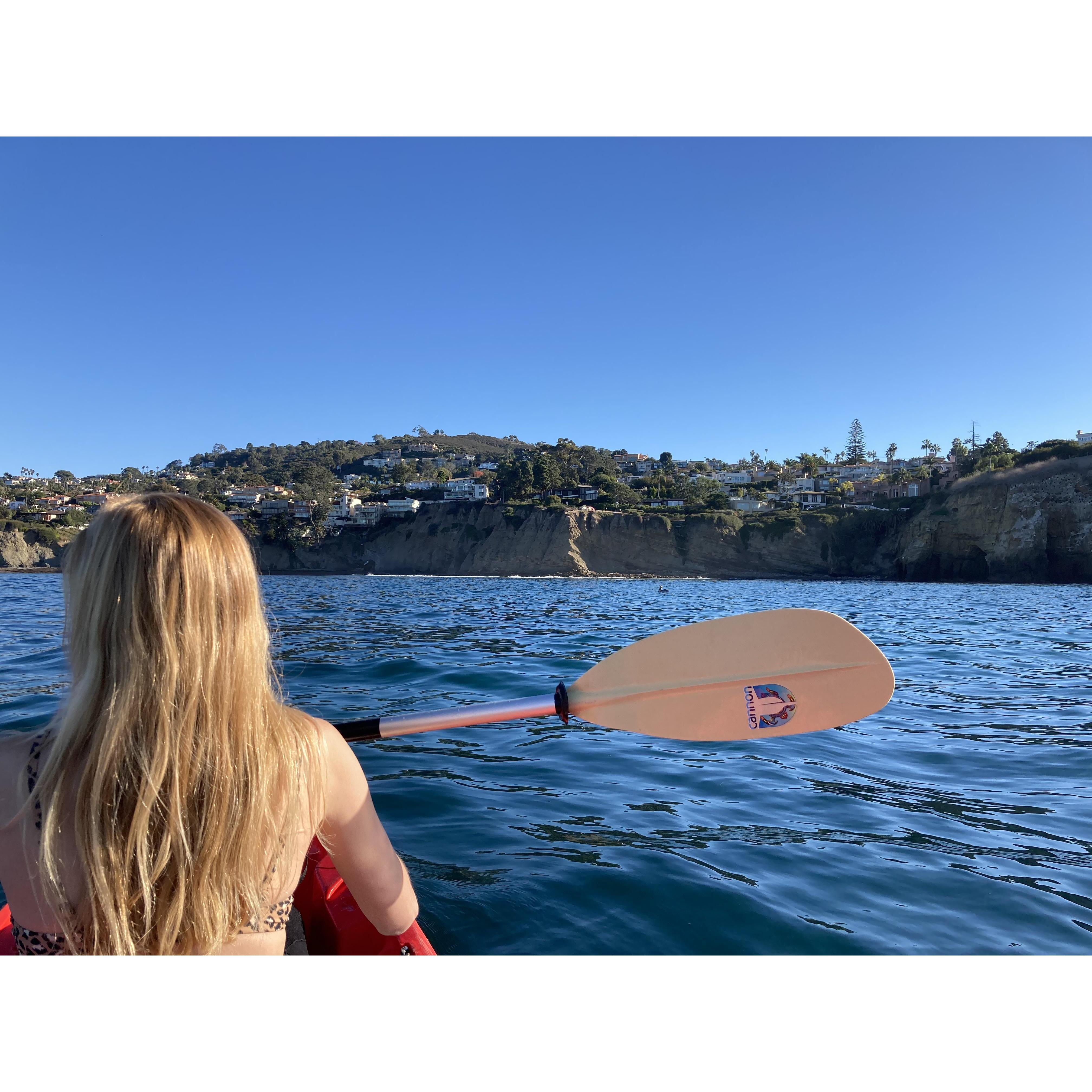Kayaking around La Jolla, careful not to fall in. Right below was 5 1/2 foot mako shark.
-La Jolla Cove 2020.