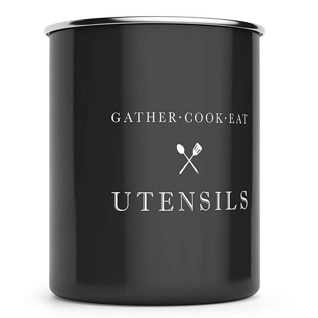 Barnyard Designs Metal Utensil Crock Holder, Rustic Farmhouse Countertop Decor, Country Kitchen Utensil Storage Caddy Organizer, Black, 5.5" x 6.75”