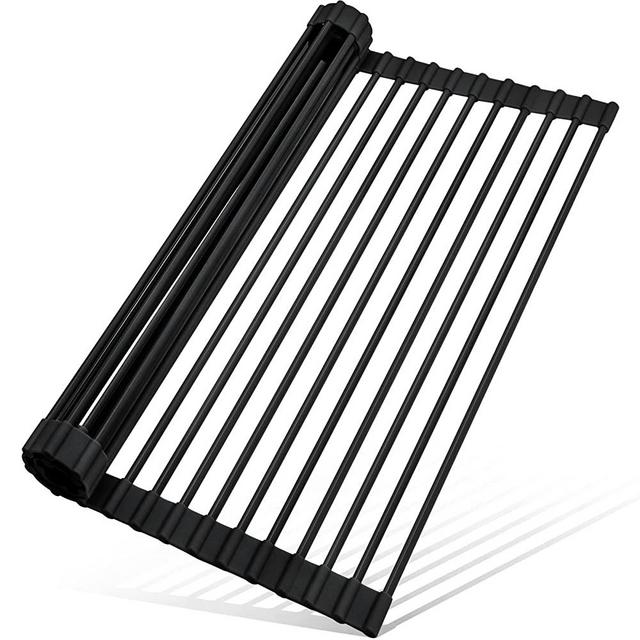 MERRYBOX Roll Up Dish Drying Rack Silicone Wrapped Over The Sink Dish Drying Rack Multipurpose Foldable Sink Drying Mat, Heat-Resistant, Anti-Slip & Anti-Rust Dish Rack for Kitchen, 17" x 13", Black