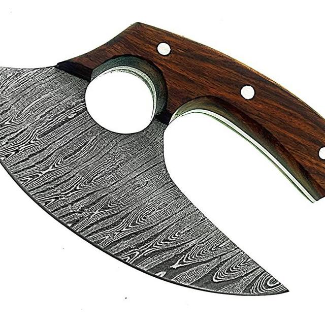 TTC-111 Handmade Damascus steel Ulu kitchen Knife -Wood Handle (Wood/Damascus)