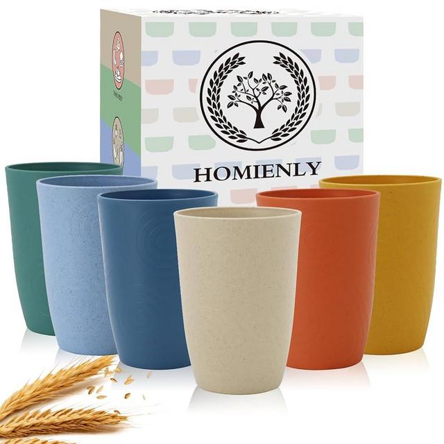 Wheat Straw Cups 6 PCS Plastic Cups Reusable Unbreakable Drinking Cup Dishwasher Safe Water Glasses with Unique Pattern (16 OZ)