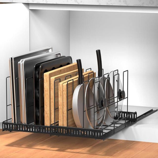 Housolution Pull Out Large Baking Tray and Cookie Sheet Organizer, 13"-22" Width Expandable Cutting Board Organizer with 8 Adjustable Dividers, 20" Deep Bakeware Muffin Pan Storage Rack for Cabinet