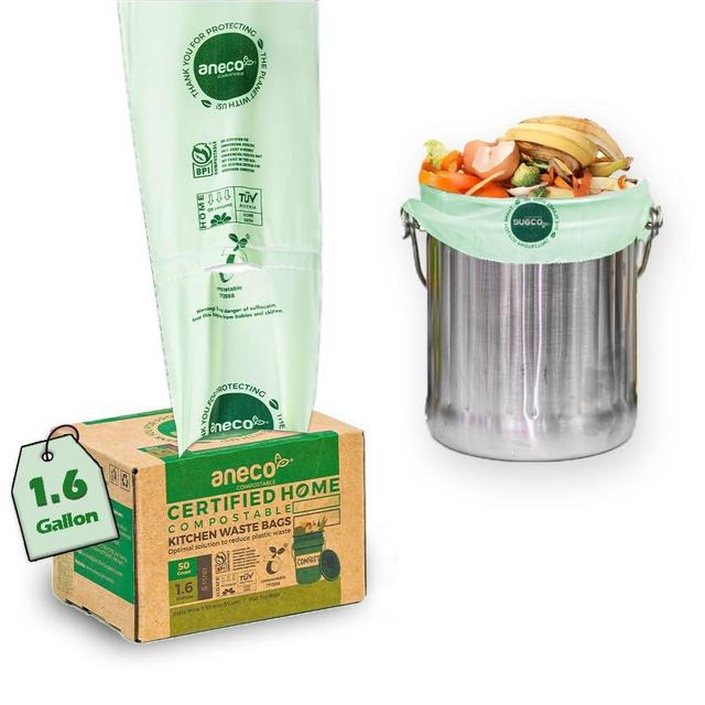 ANECO 100% Home Compostable Trash Bags (1.6 Gallon Trash Bags, 50 Count), Small Kitchen Compost Bags for Countertop Bin, Certified Food Waste Bags by BPI (ASTM D6400), TUV Austria & OK Compost Home