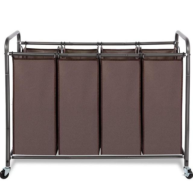 STORAGE MANIAC 4 Section Laundry Sorter, 4 Bag Laundry Hamper Cart with Heavy Duty Rolling Lockable Wheels and Removable Bags, Brown