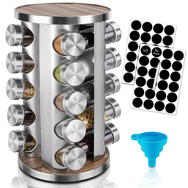 Rotating Spice Rack Organizer with Jars(20Pcs), Seasoning Organizer for Cabinet, Kitchen Spice Racks for Countertop, Revolving Farmhouse Spice Organizer