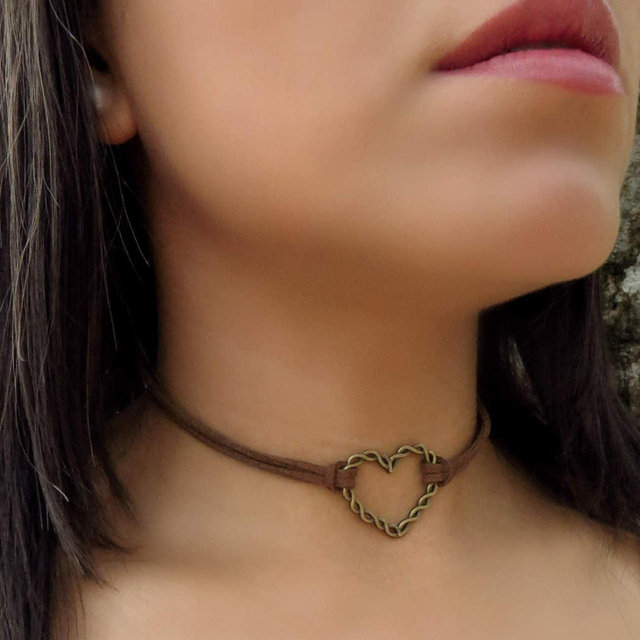 Heart Choker, Brown Choker, Dainty Boho Choker, Heart Necklace, Suede Leather Choker, Double Layering Choker, Choker Necklace, Gift For Her