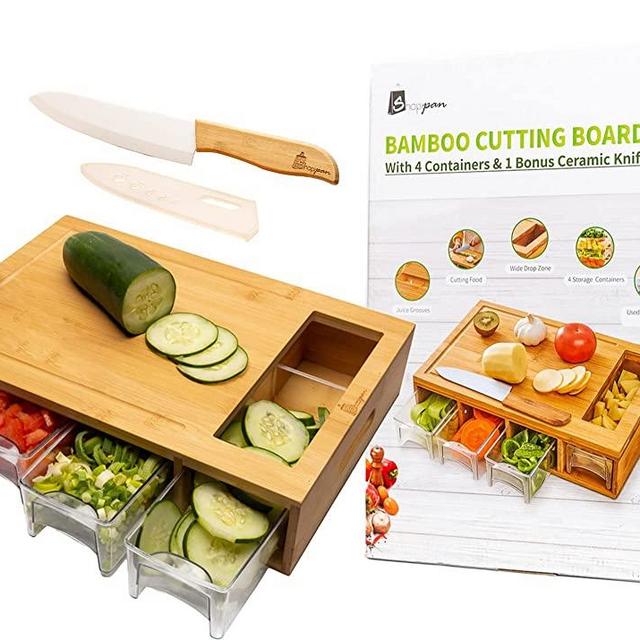 SHOPIPAN Organic Bamboo Cutting Board with Containers for Storage, Prep deck, Tidy Board, Ceramic Knife with Bamboo Handle, Chopping Board, Juice Groove, Eco-Friendly