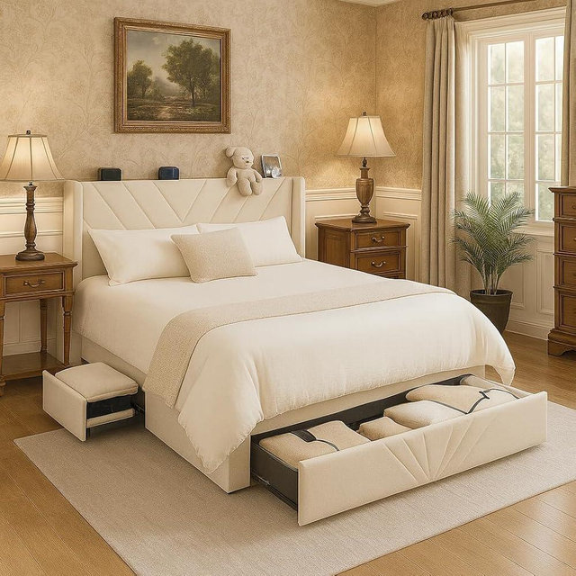 COMHOMA King Size Metal Bed Frame with Upholstered Headboard,Storage Drawers,USB & Type-C Charging Ports,No Box Spring Needed,White