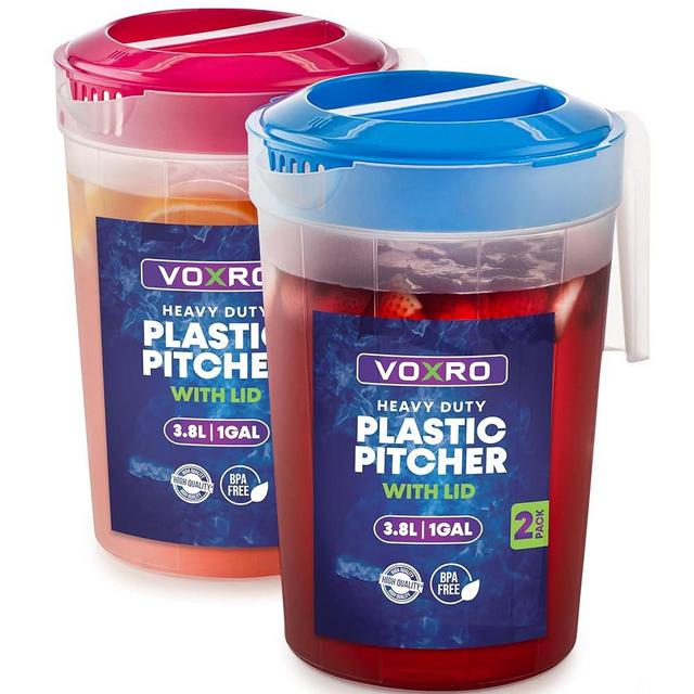 2-Pack 1-Gallon Plastic Pitchers with Lids – Iced Tea Pitchers with Twist Cover BPA-Free, Dishwasher & Freezer Safe, Ideal for Water, Juice & Fridge Storage