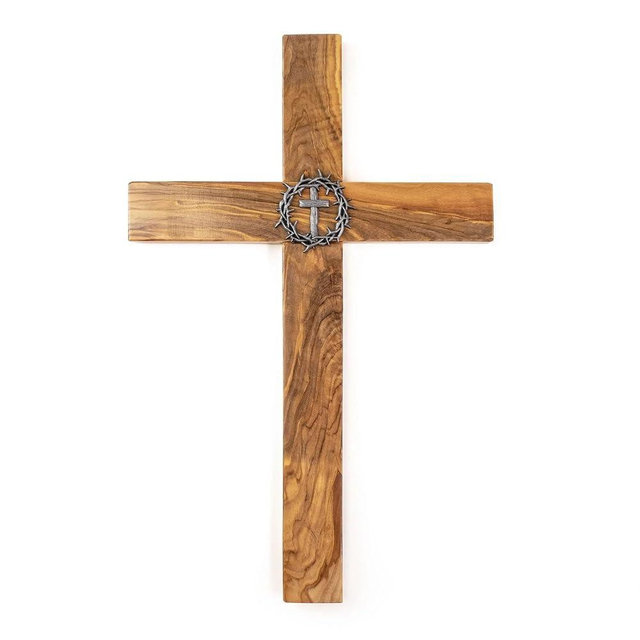 LOGOS TRADING POST 18' Olive Wood Wall Cross - Genuine Harvested Olive Wood Cross for Wall - Timeless Wall Hanging Decor with Sculpted Metal Crown of Thorns - Unique Decorative Cross for Living Room
