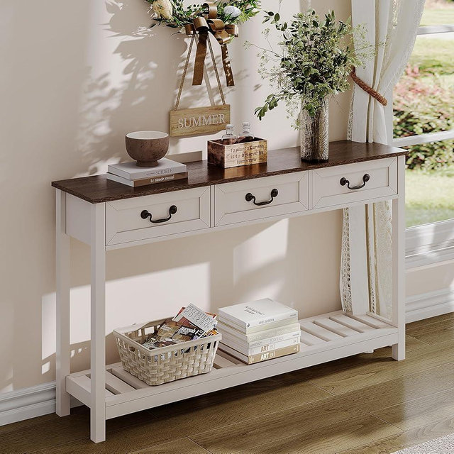 ChooChoo Farmhouse Console Table with 3 Drawers, Rustic Entryway Table, Narrow Long Sofa Table for Living Room, Hallway, Behind Couch, Soft White and Brown